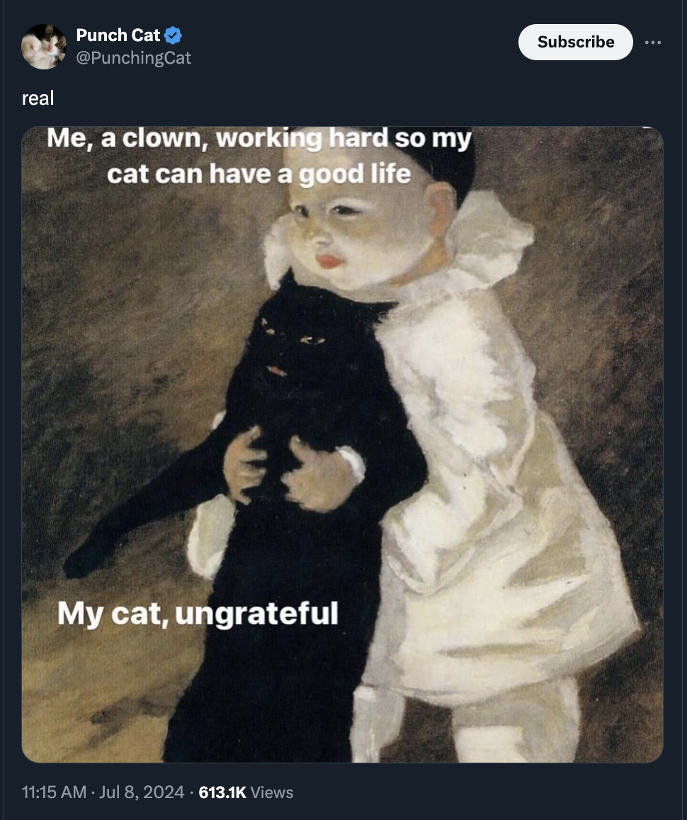 pierrot and the cat by theophile steinlen - real Punch Cat Me, a clown, working hard so my cat can have a good life My cat, ungrateful Views Subscribe